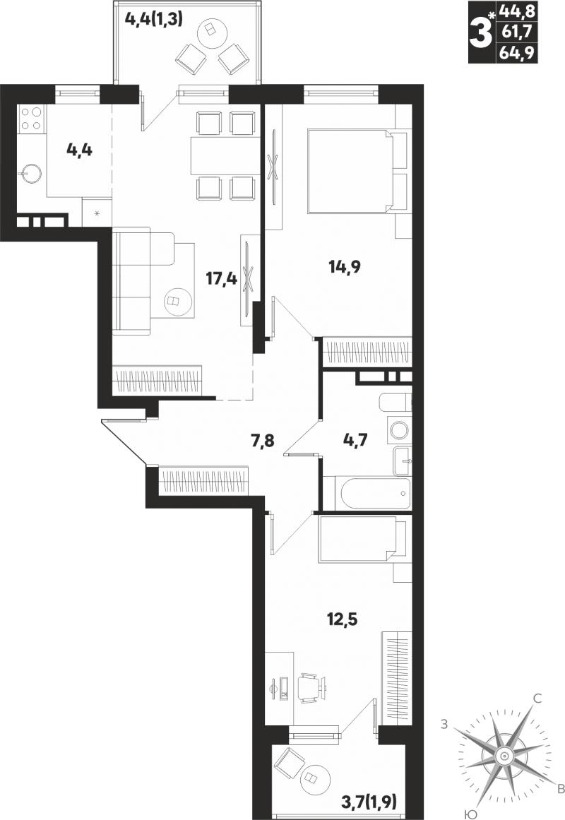 Пермь, д. Кондратово, ул. Парфенова, 5 | Трёхкомнатная квартира, 64.90 м2,  3 этаж