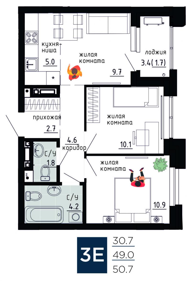 Пермь, г. Пермь, ул. Газеты Звезда, 5 | Трёхкомнатная квартира, 50.70 м2, 8  этаж